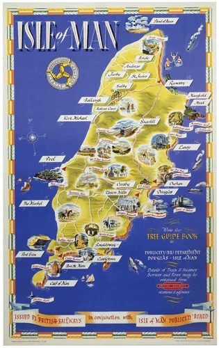 Vintage Isle of Man Map poster Art Print Railway Travel Poster A1/A2/A3/A4