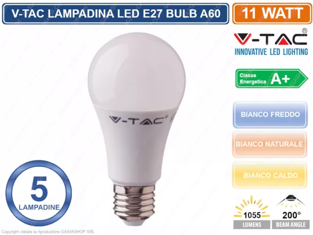 Kit 5 Lampadine Led V-Tac Vt-2112 E27 Bulbo A60 11W Watt 1055 Lumen 200° Vtac