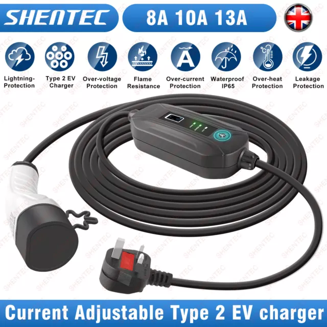 EV Charging Cable Type 2 UK Plug 3 Pin Electric Vehicle Car Charger 8A 10A 13A