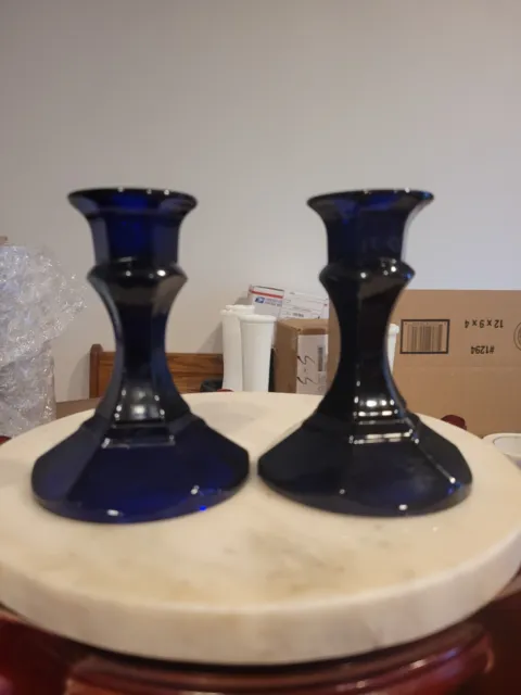 Vintage - Lot of 2 Libbey, Cobalt Blue Glass Candle Holders 4" Set