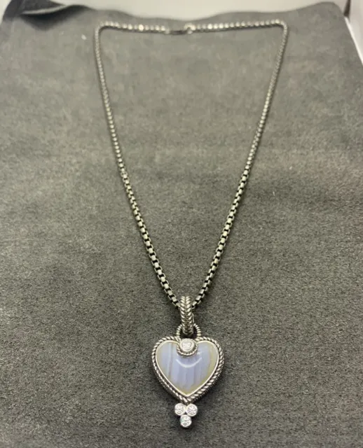Sterling Blue Lace Agate Heart Pendant Judith Ripka 18" Chain 925