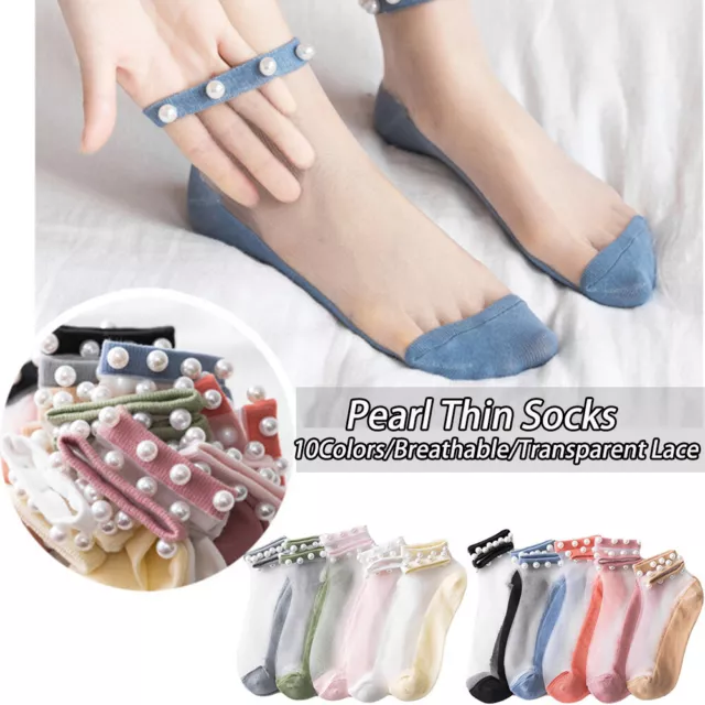 Women Lace Thin Transparent Pearl Stockings Low Cut Ankle Socks Mesh Nylon