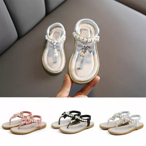 new Shoes Baby Infant Girls Bowknot Pearl Princess Sandals Kids Thong Toddler