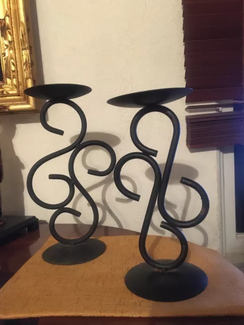 Pair Vintage MCM Wrought Iron Pillar Candle Holders Hollywood Mission Fireplace