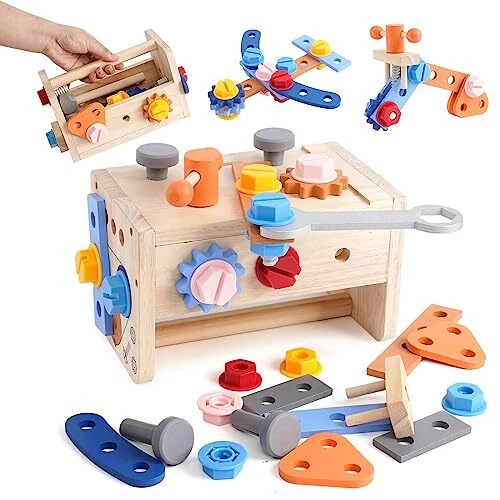 YAOZUP 33 Pièces Boîte à Outils En Bois Pour Enfants - Jouet Montessori Éducatif Avec Outils Et Établi - Cadeau Idéal