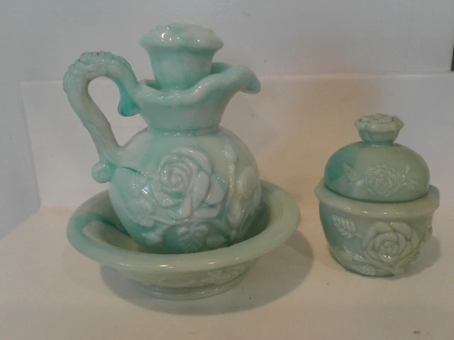 Victorian Style Pitcher & powder set, Avon, Great Condition, Aqua Marbled Glass