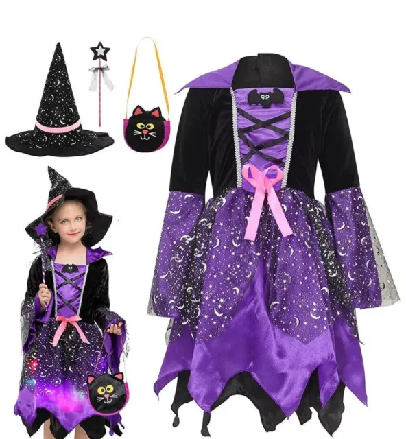 Witch Hats LED Light Up Dresses Kid Girls Halloween Cosplay Costume Fancy Dress