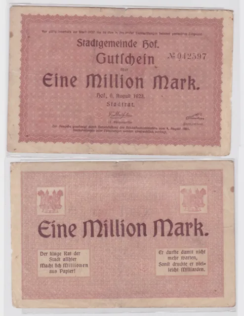 1 Million Mark Banknote Inflation Stadtgemeinde Hof 6.August 1923 (121743)