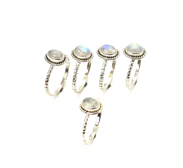 Wholesale 5Pc 925 Solid Sterling Silver White Rainbow Moonstone Ring Lot K391