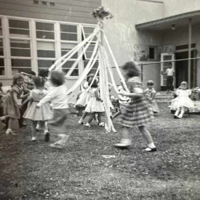 1950s Maypole Celebration VINTAGE PHOTO snapshot little Girls dancing vernacular