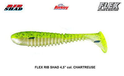 BERKLEY FLEX SLIM SHAD 5"/12,5cm Purple Chartreuse Pesce in Gomma con nervature 