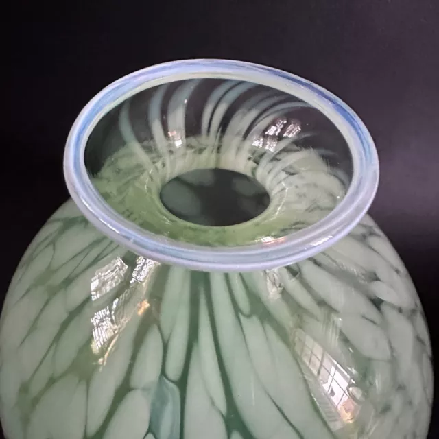 Stunning Signed 1993 'Dm' Green Australian Studio Art Glass Vase Opaline Rim 2