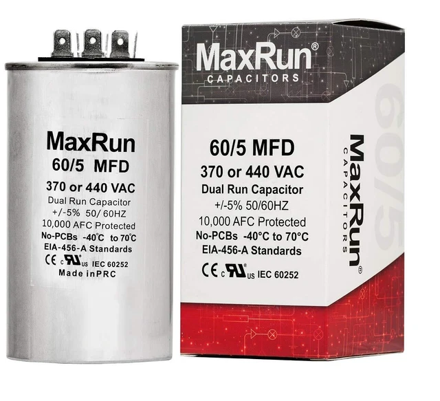 60+5 MFD uf 370 or 440 Volt VAC Round Motor Dual Run Capacitor for AC Air