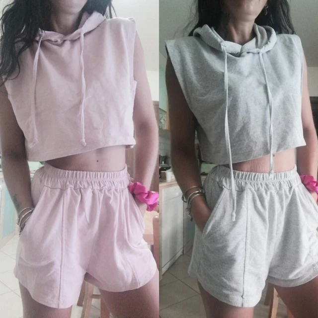 Set 2 Coordinato Completo Tuta Donna Top Cappuccio Pantaloncini Vita Alta  SM