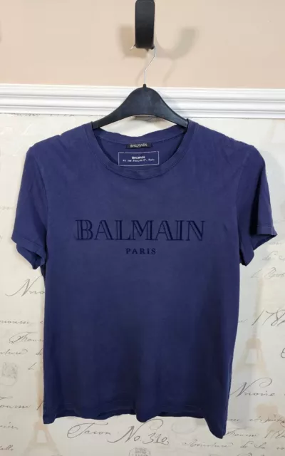 Balmain T-Shirt Women's Large ~ Navy Blue Chest Logo Short Sleeve