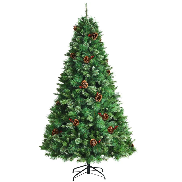 COSTWAY 7FT PRELIT Hinged Artificial Christmas Tree w/ Red Berries