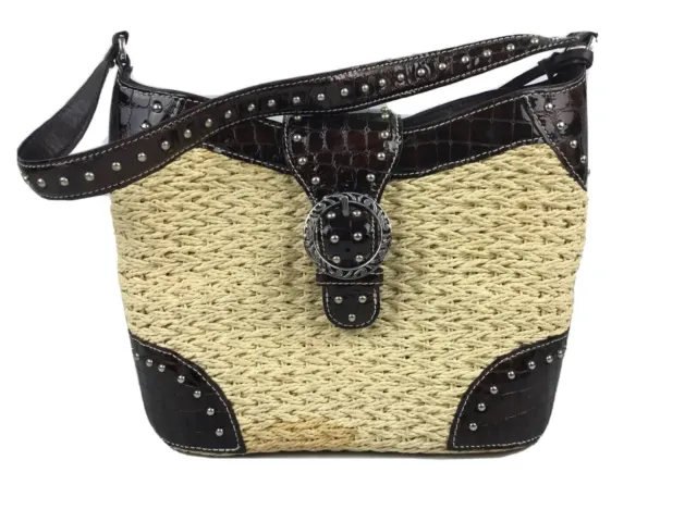 Brington Handbag Shoulder Bag Woven Straw Patent Croc Leather Studded Satchel