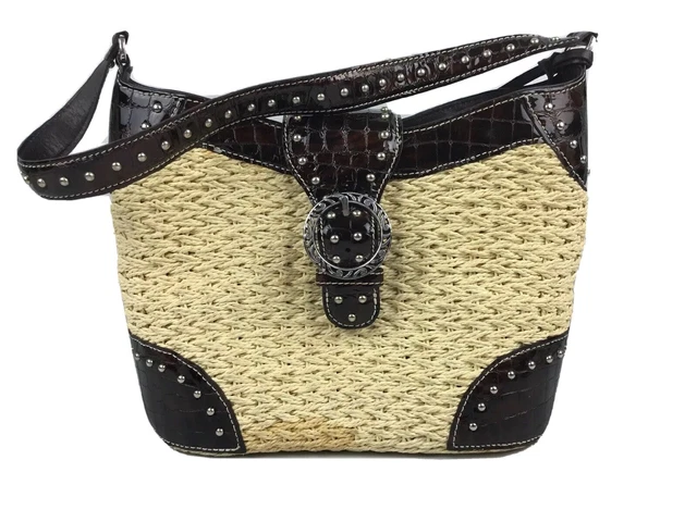 Brington Handbag Shoulder Bag Woven Straw Patent Croc Leather Studded Satchel Brington Handbag Shoulder Bag Woven Straw Patent Croc Leather Studded Satchel