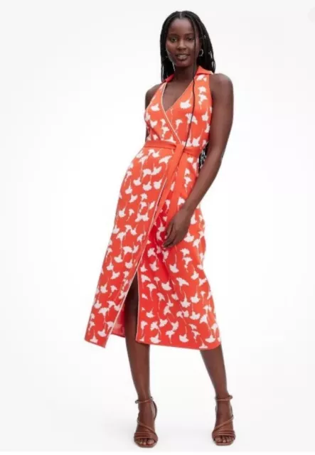 DVF Diane Von Furstenberg Target Midi Collared Sleeveless Ginkgo Wrap Orange S