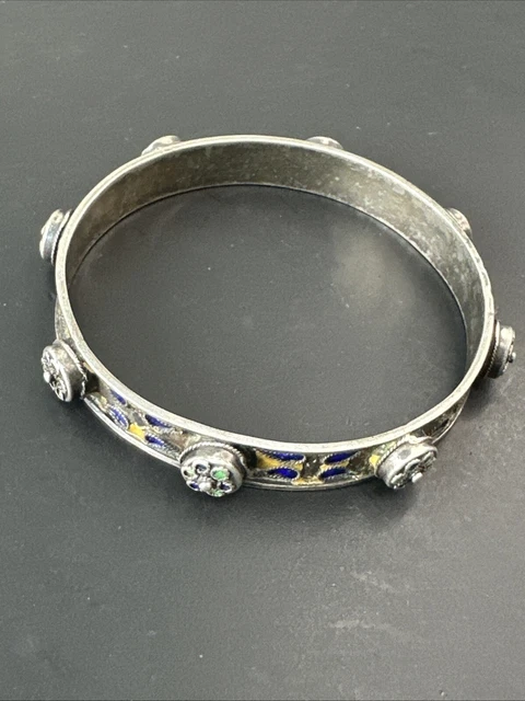 Bracelet Ethnique Ancien En Argent Massif 925 - Style Jonc Art Déco Avec émaux - Occasion à Porter Ou Collection