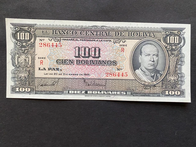 BOLIVIA, 1945, Billete Banco Central de Bolivia, 100 BOLIVIANOS, Serie R, UNC