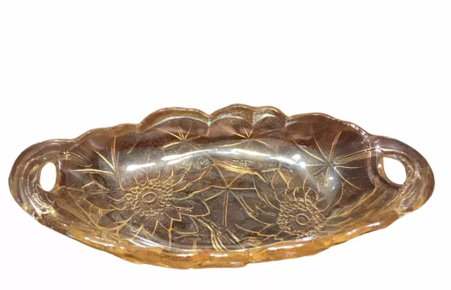 Indiana Glass Amber Gold Carnival Lily Pons Pickle Dish Handled Oval Bowl 9”