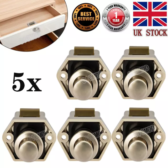 5x Drawer Handle Catch Lock Cupboard Door Camper Van Boat Push Button Latch Knob