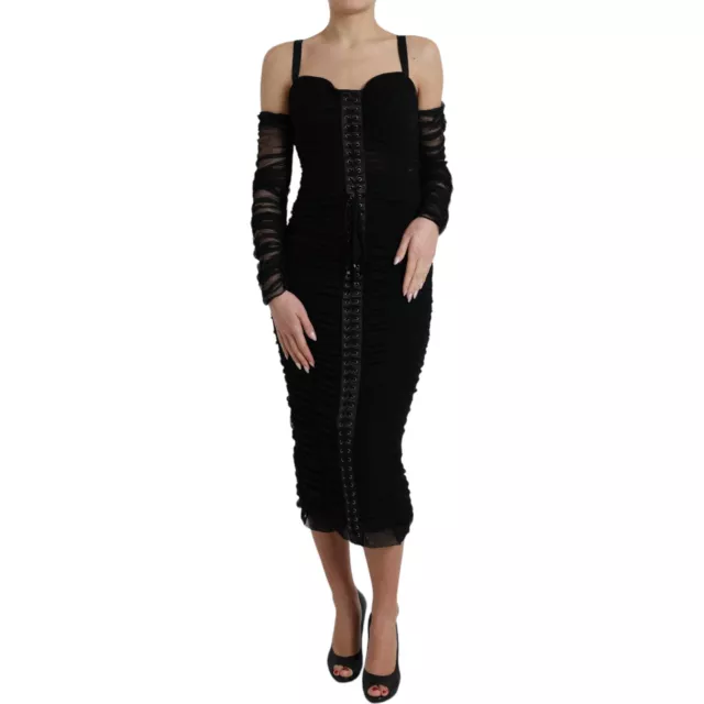 DOLCE & GABBANA Dress Black Cold Shoulder Stretch TulleMidi IT46/US12/ L 3800usd