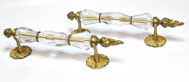 Unique Vintage Pair Of Victorian Style Glass And Brass Door Pulls