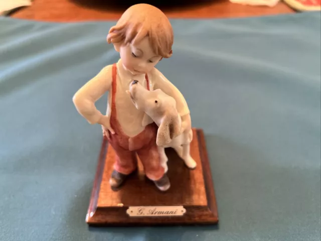 VTG Giuseppe Armani Boy w Dog Figurine On Wood Base Florence~Capodimonte