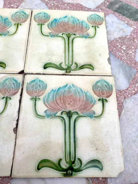 Antique Majolica Floral Art Nouveau Architecture Furniture Tile England 4Pc 3