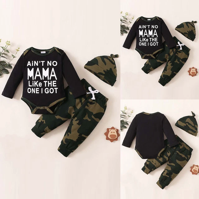 Newborn Baby Boys Camo Romper Tops Pants Outfits Infant Jumpsuit Hat Set Clothes