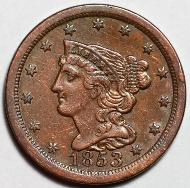 1853 Braided Hair Half Cent - US 1/2c Copper Penny Coin - L43