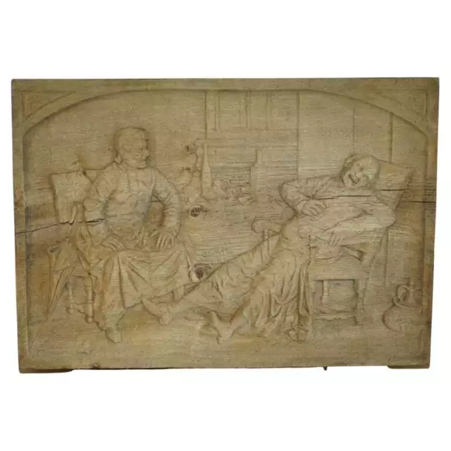 Very Large Antique 18Th Century Stripped Oak Hand Carved Panel Of Drunk Freinds