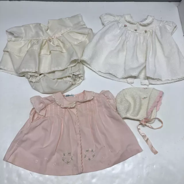 Vintage Baby Girl Clothes Dress Lot 3 Dresses + Extras Infant Pink White 3mo?  *
