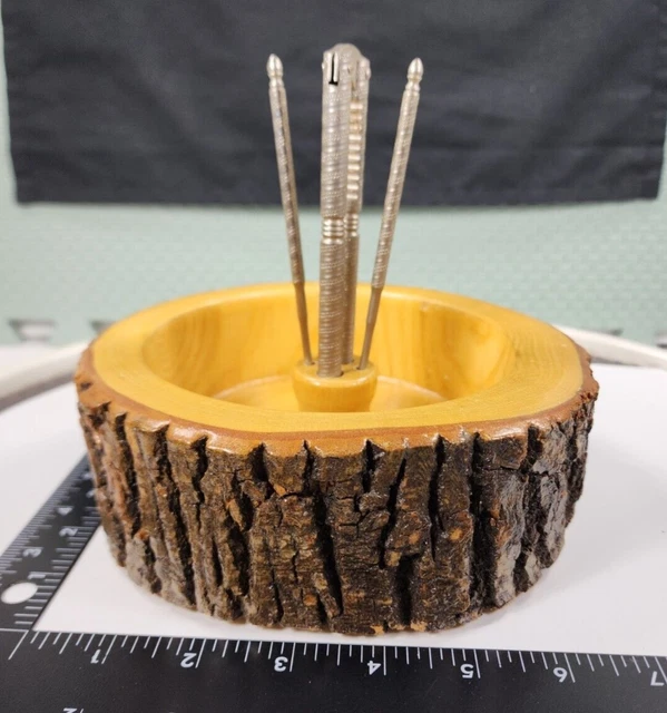 Vtg Nut Cracker Set Turned Wood Log Bark Bowl Dish 2 Picks Nutcracker Felt 7" di