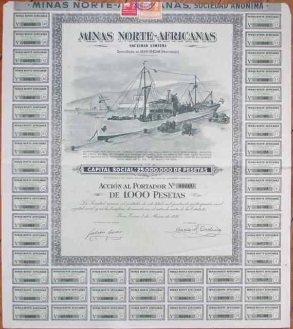 North Africa Mining 1956 Stock Bond Certificate Number 9, Beni Enzar, Morocco