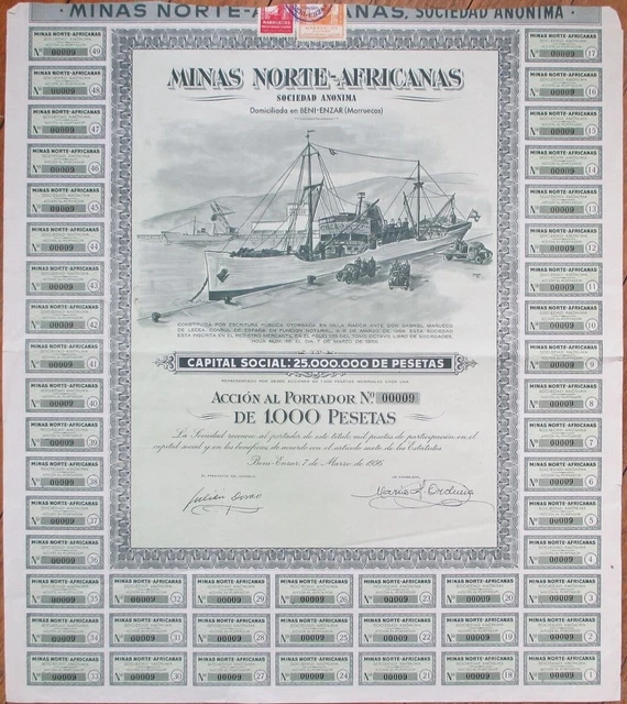 North Africa Mining 1956 Stock Bond Certificate Number 9, Beni Enzar, Morocco
