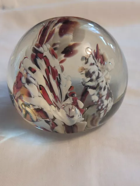 Vintage Art Glass Paperweight India Small Swirls Red Wite Grey Desk Office 7" 2