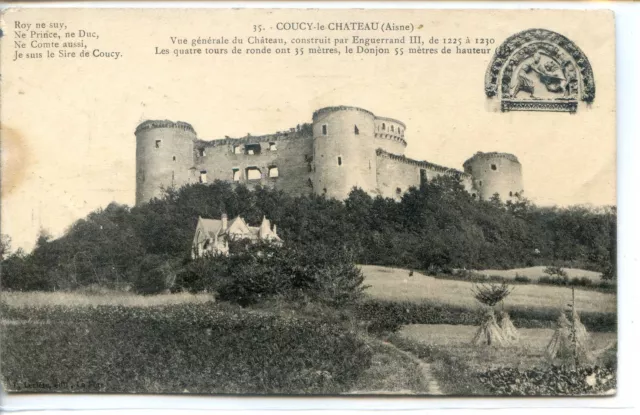 CP 02 Aisne - Coucy-le-Château - Vue générale du Château - Publicité Hôtel