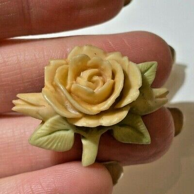 Vintage Dainty Old Celluloid Plastic Hand Made Rose Flower Leave Brooch Pin