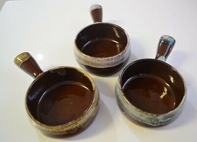 Set 3 Vintage Brown & Drip glaze Chili French Onion soup bowls Long Handle Japan