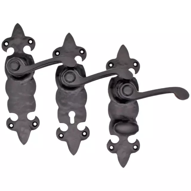 Manijas de puerta de hierro negro flor de lis con palanca de patrón cierre pestillo baño fundido