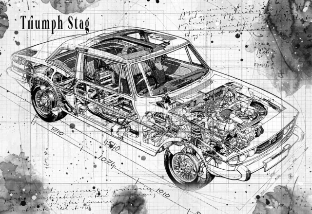 Line Tech Drawing  Triumph Stag   Cutaway Art Poster Print