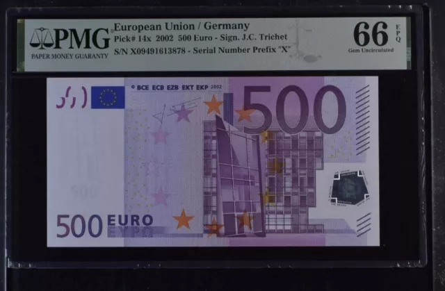 GEM UNC 500 Euro Germany European Union 2002 Trichet P-14x R018 PMG 66EPQ