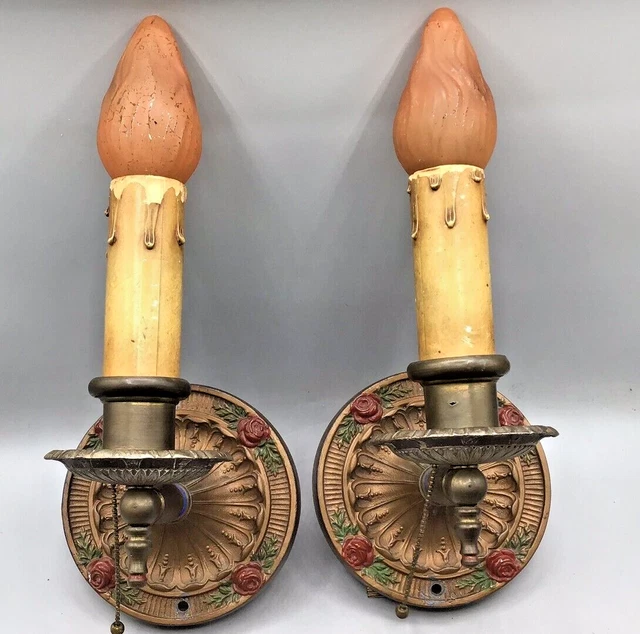 Vtg PAIR WALL CANDELABRA SCONCES ELECTRIC - Red Green Blue Colors Pull Cord
