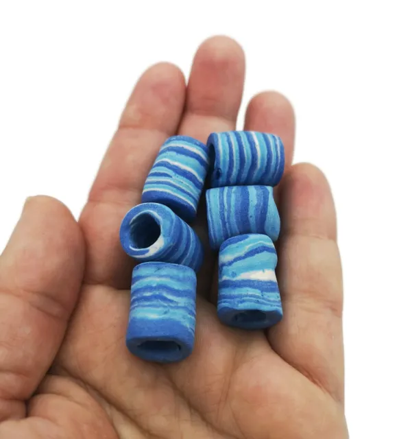 Large Hole Tube Beads, 6 Pcs Ceramic Macrame Components Matt Blue Striped Decor