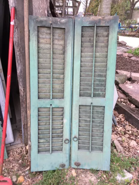 Vtg  1 Pair  Old  Wooden Door Shutters Architectural Green Louvered 43in X 24in 2