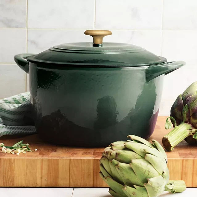 7-Quart Enameled Cast Iron Covered Round Dutch Oven, Oven Spruce/ Gold Knob