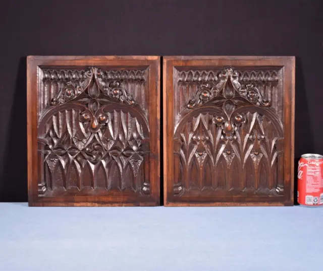 *Pair of French Antique Gothic Revival Highly Carved Panels in Solid Walnut Wood